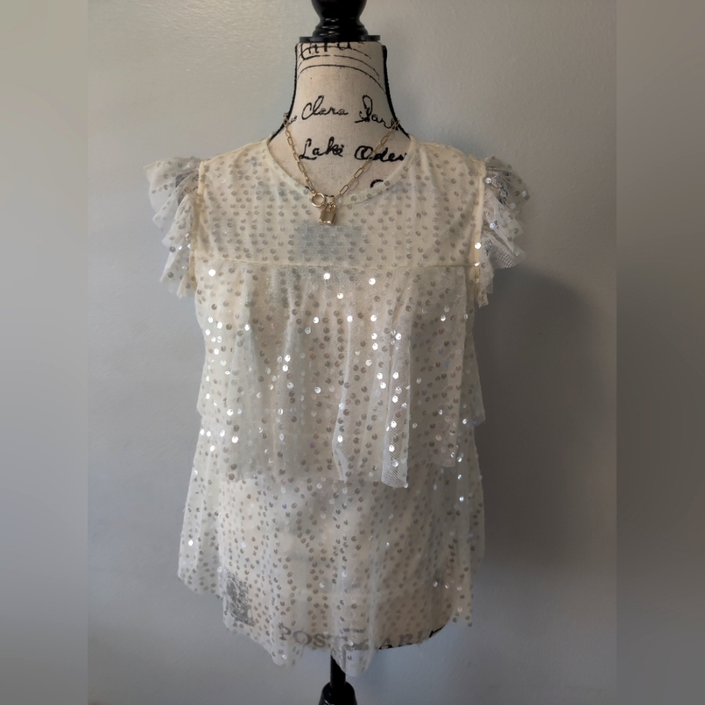 LC Lauren Conrad white silver sequin flowy top shirt size small euc